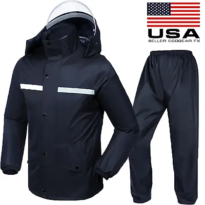 Mens Rain Suit Jacket Pant Waterproof Lightweight Motorcycle Reflective Coat US • $18.99