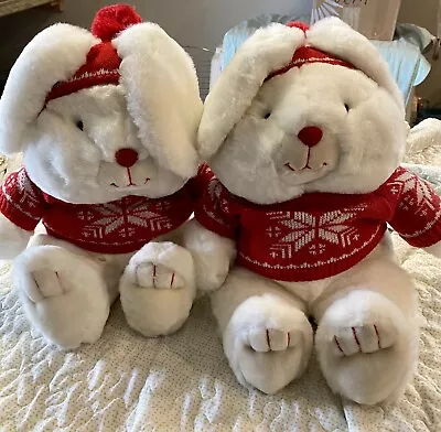 2 Mervyn's Vintage 1987 White Snow Bunny Rabbit Red Christmas Sweater  17  Plush • $50