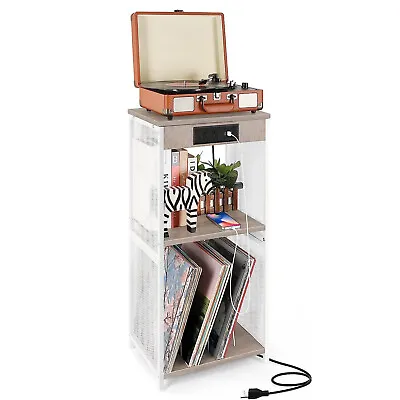 Record Player Stand Storage Rack Vinyl Turntable Cabinet Nightstand W/USB Ports • $49.99