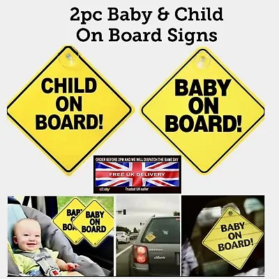 2 X Baby Child On Board Safe Car Signs Suction Cup Passenger Warning Kids Safety • £2.84