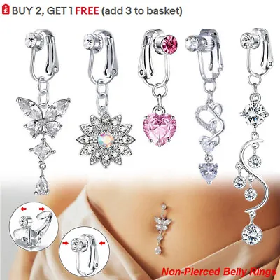 Fake Clip Belly Button Bars Dangle CZ Gem Drop Navel Ring Body Piercing Jewelry • £0.99