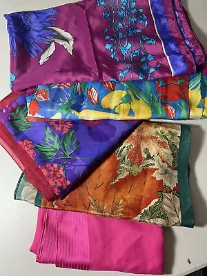 Scarf Lot Of 5 Vintage Silk Scarves ~ Floral And Geometric And Solid • $21.99