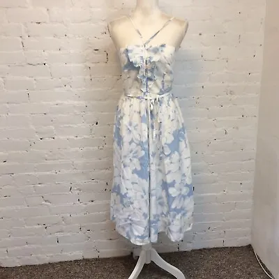 Malia VTG 70s Ruffle Halter Dress Blue Floral Size 6 • $49