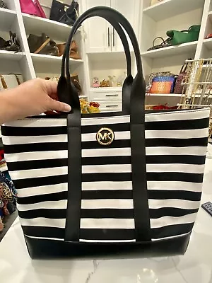 Michael Kors Mk Logo Fulton Canvas Striped Med Tote Shoulder Bag Black Auth • $120