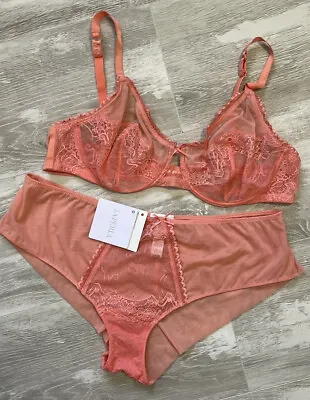 NWT La Perla Magnolia Coral Pink Lace Semi Sheer Bra Panty Set 36C XL $489 • $134.99