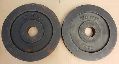 Vintage YORK Olympic Size Barbell Weights PAIR Of 25 Lb Plates - USA Made • $165