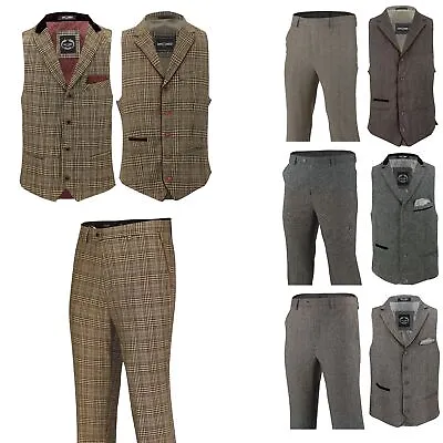 Mens Brown Grey Herringbone Tweed Checks Slim Fit Trousers Vintage Waistcoat Set • $24.89