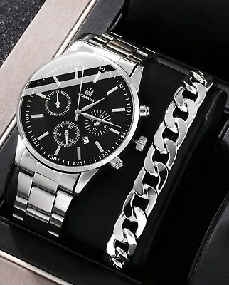£10.99 • Buy Watch Gift Set For Men Silver & Black With Silver Bracelet Watches Free P&P UK