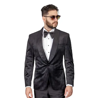  Mens Black Velvet Tuxedo Blazer Jacket Shawl Lapel 1 Button Slim Fit AZAR MAN • $119
