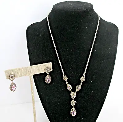 Vtg Sterling 925 Amethyst & Marcasite Necklace & Earrings Set Victorian Style • $44