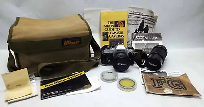Vintage Nikon FG Camera Lot W/ 2 Lenses 2 Filters Paperwork & Bag - UNTESTED • $67.97