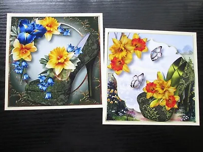 NEW == 2 X DAFFODILS & IRIS ON A LACED SHOE  Hand Made Card  Toppers • £1.30
