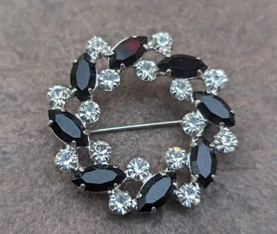 Black Clear Rhinestone Brooch Mid Century Open Back B David Signed Silver Tone • $18