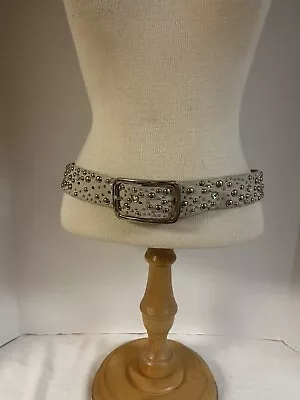 Genuine Leather Belt Women’s 34 Made In Spain Beaded Jeweled Silver Toned Buckle • $28.99