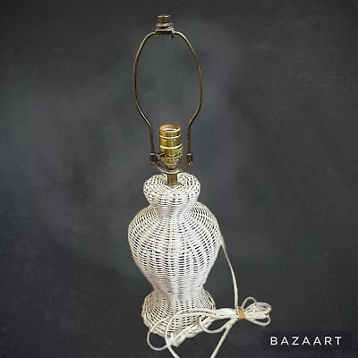 Vintage White Wicker Rattan Urn Vase Shaped Table Lamp NO SHADE Boho Cottage 20  • $39.89
