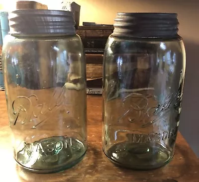 2 Vintage Blue Green Ball Perfect Mason Quart Jar With Zinc Lid - Lot Of 2 • $15