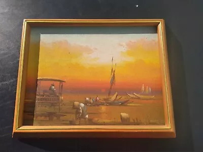 Vintage Signed Vietnamese Sunset Fishing Boats Oil Painting • $40