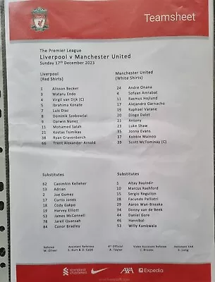 Liverpool Vs Man Manchester United Utd 2023/24 FA Premier League Teamsheet  • £6.99