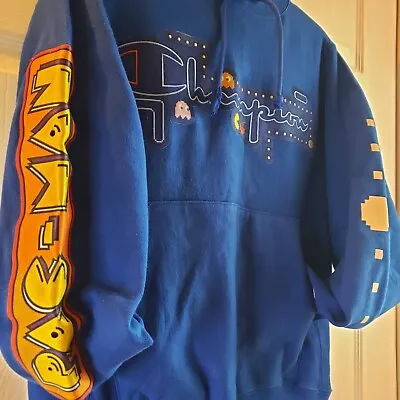 Champion X Pacman Blue Hoodie Sweatshirt PAC Man Video Game Reverse Weave Size S • $34.99