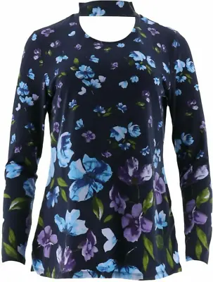 XL Isaac Mizrahi Engineered Floral Print Mock Neck Top Shirt Navy Multi A343402 • $13.88