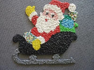 Vintage Christmas SANTA CLAUS IN SLEIGH Melted Plastic Popcorn Wall Decor 19x19 • $30