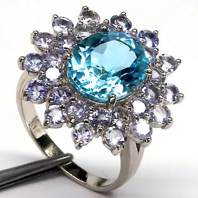 10 X 12 Mm. SKY BLUE TOPAZ & Blue TANZANITE RING 925 SILVER • £193.91