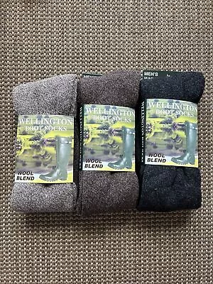 Mens Welly Socks 3 Pairs Wool Blend Thermal Boot Liners Hiking Brown UK 6-11 • £6.99