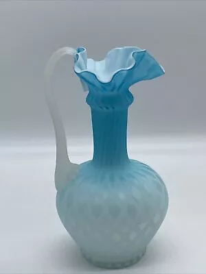 Antique Mount Washington Pitcher Ewer Cased Glass Blue Diamond Patt 9.75” Tall • $75