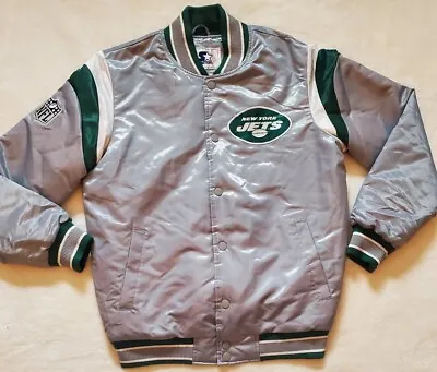 New York Jets Starter Jacket Quilt Lined Full Snap Sz Med Gotham Green On Grey🛫 • $106.25