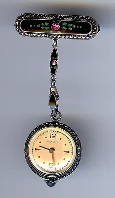 Vintage Bucherer Sterling Silver Enamel Marcasite Watch Dangle Pin Brooch • $304.50