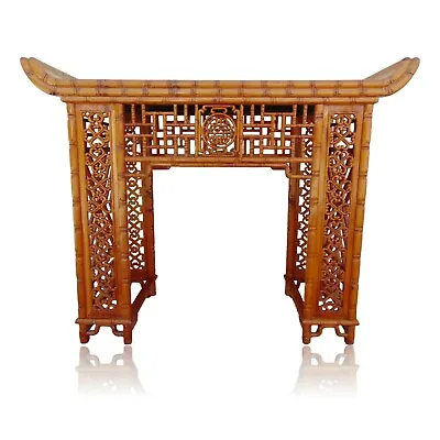Vintage Carved Bamboo Chinese Chippendale Pagoda Console Fretwork Altar Table • $2495