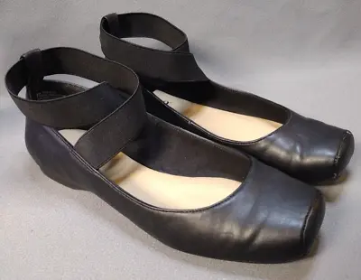A.n.a Black Women Size 6 M Faux Leather Ballet Box Toe Slip On Shoes Ankle Strap • $10.79