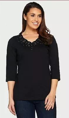 Quacker Factory Size 2X Black Eyelet Scalloped 3/4 Sleeve T-shirt • $12.99