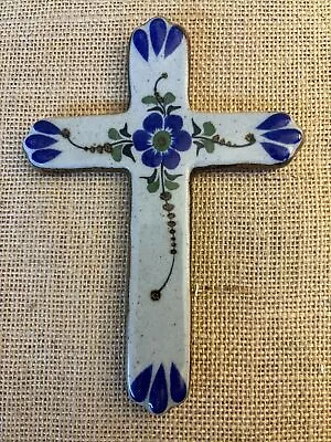 Vtg Tonala Glazed Stoneware Pottery Cross Mexican Folk Art Blue Flower • $19.99