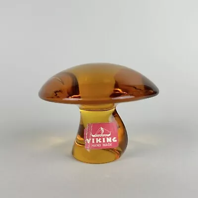 Vintage Viking Glass Epic Mushroom 2.5” Orange W/ Sticker Paperweight MCM Amber • $99.75