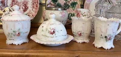 EAPG Dithridge Versaille 4 Pc Table Set Milk Glass Rose Butter Sugar Cream Spoon • $200