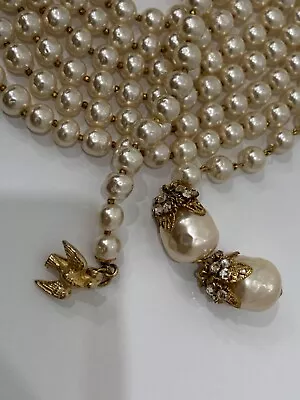 Sign Miriam Haskell Pearls Baroque Rhinestone Birds Necklace Jewelry 82” Long • $560