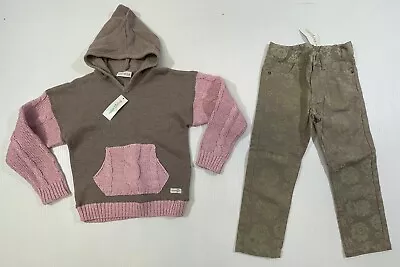 Naartjie Girl Pink Mink Cotton Skinny Floral Print Jean Hooded Sweater Set 4    • $40