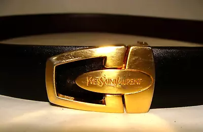 Vintage Yves Saint Laurent YSL Black & Brown Reversible Leather Belt & Buckle 34 • $124.99