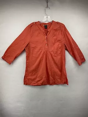 Eddie Bauer Womens Top Orange Large Tall Lt Cotton 1/3 Button Shirt Blouse • $15.22