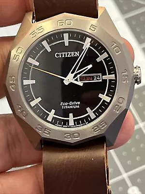 Citizen Eco-Drive Titanium Brown Leather Black Dial J800-R007068 Men's Watch • $160