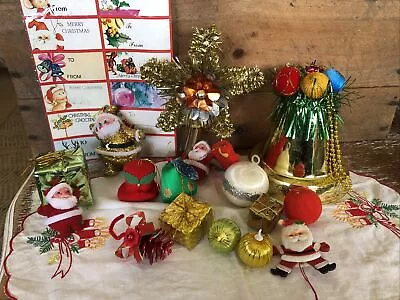 Vintage Christmas Decorations Foil Pipe Cleaners Flocked Star Brooch Doily • $48