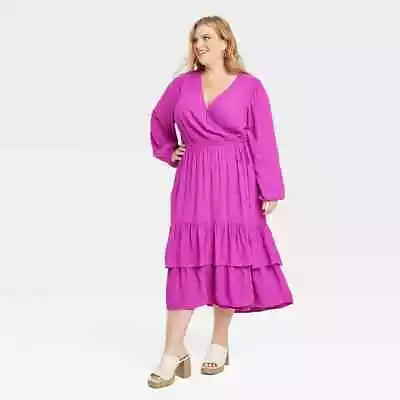 Knox Rose Size XXL Magenta Pink Long Sleeve Wrap Midi Dress Lightweight F16 • $13.92