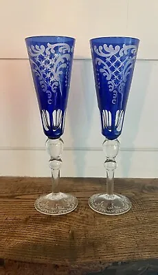 $50 • Buy Gibson Glass-Two Vintage Cobalt Blue Etched & Cut Champagne Flutes-10 1/4  Tall