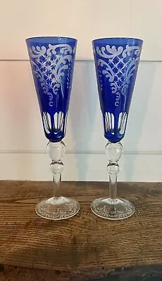 $50 • Buy Gibson Glass-Two Vintage Cobalt Blue Etched & Cut Champagne Flutes-10 1/4  Tall
