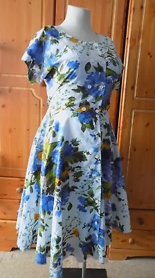 Vintage 50s Style Tea Lindy Hop Swing Dress Size 12-14 White Floral Pockets • £28.99