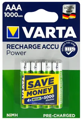 VARTA Rechargeable AAA Batteries 1000mAh ACCU POWER 4 Pack HR03 NiMH PRE-CHARGED • £8.39