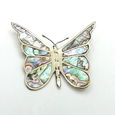 Mexico Alpaca Silver Abalone Mother Of Pearl Butterfly Brooch Pin Large Vintage • $46.55