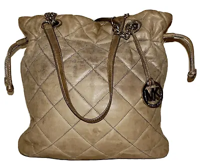 MICHAEL KORS Khaki Distressed Leather 11 X 12 Drawstring Handbag *HEAVY WEAR* • $15.19