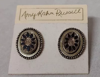 AMY KAHN RUSSELL Earrings Designer 1970s German Vintage Black Glass Brass Boxed  • $114.99